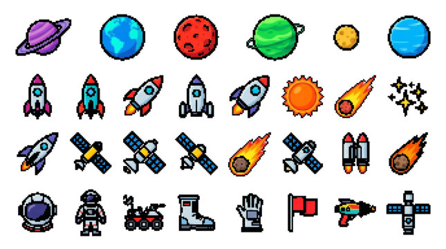 space exploration planet rocket astronaut galaxy universe pixel 8-bit retro icon set collection vector illustration graphic design star