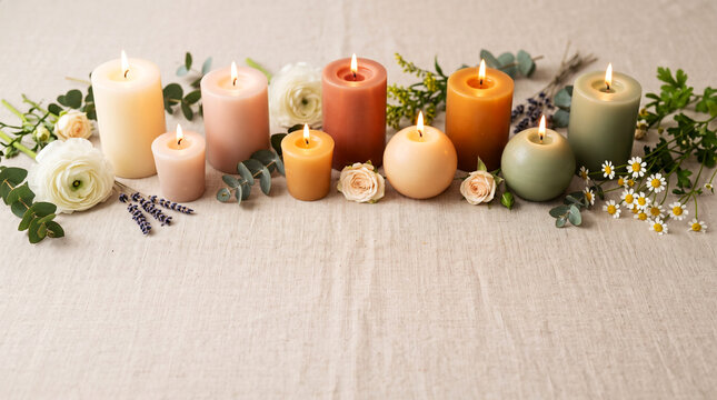 Background table setting with candles and flowers on wooden background