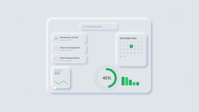 Modern Digital Dashboard Interface with Neumorphic UI Elements for Data Analytics and Project Task Management Tracking