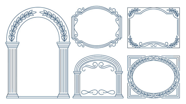 Set of decorative floral frames and architectural arches in a classic line art style, perfect for wedding invitations, borders, elegance and