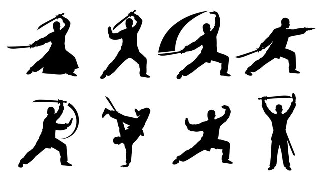 Silhouettes of martial arts warriors performing dynamic sword fighting stances, dynamic action poses, combat training, traditional martial arts