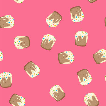 pattern traditional easter sweet cake illustration featuring light brown texture, white dripping icing, and vibrant multicolored sprinkles, symbolizing celebration and holiday treats