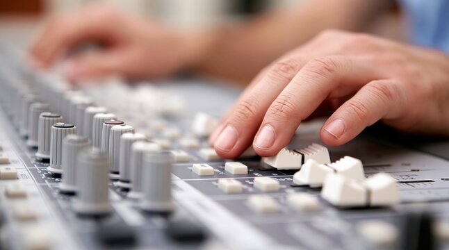 Male hands adjusting faders on audio mixing console