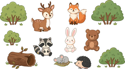 Obraz premium Adorable Forest Wildlife Set with Sitting Deer, Fox, Raccoon, Bunny, Teddy Bear, Sleeping Mouse, Hedgehog, Bushes, and Wooden Log
