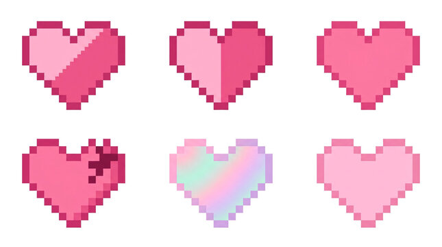 Pink pixelated heart shapes with unique digital textures set.