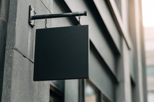 Contemporary metal sign on brick wall with empty square panel for advertising concepts
