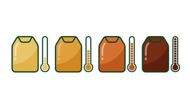 Set of four temperature gauge icons showing different levels, varying heat intensity and liquid volume indicators, colorful UI elements for game dev