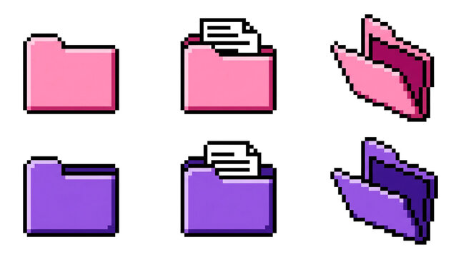 Pixel art folder set with document inserts in vibrant colors.