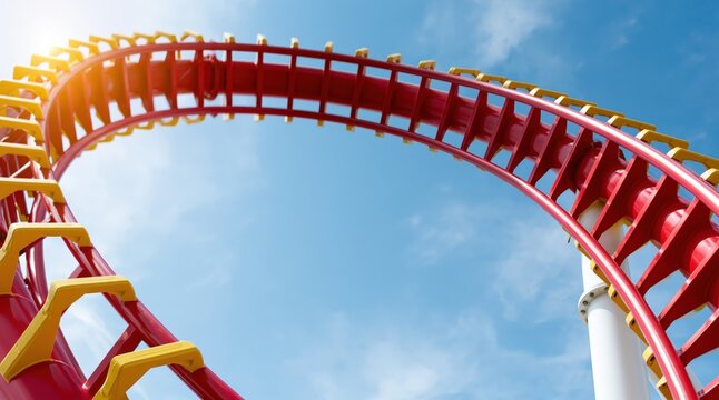 Red and yellow roller coaster track against blue sky