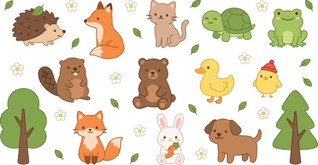 Fototapeta premium Cute Forest and Farm Animals Set Featuring Fox, Bunny, Dog, Cat, Bear, Beaver, Frog, Duck, and Turtle with Green Trees
