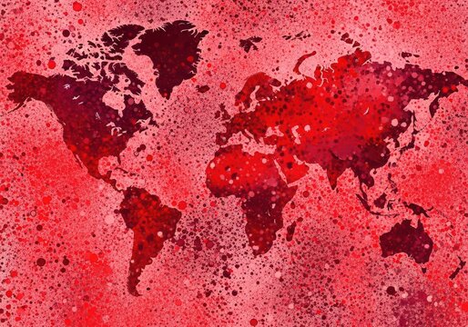 Abstract world map with vibrant red spray paint texture