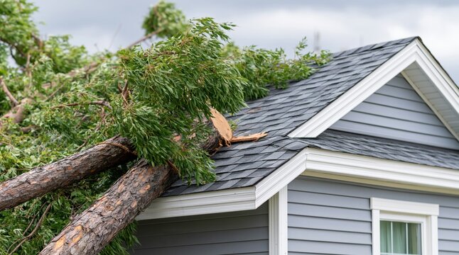 tree fallen on roof of house after severe weather damage