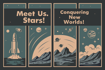 Vintage Space Exploration Vector Illustration With Rockets Planets And Mountain Landscapes retro travel © SreeDulal