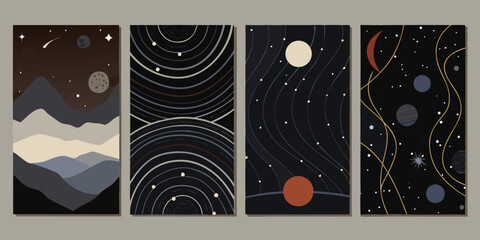 Retro Celestial Pattern Featuring Mountains Concentric Circles Planets And Swirling Lines abstract pattern astronomy © SreemotiAroti