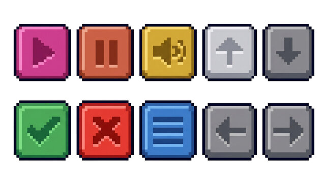 Set of colored square ui buttons with pixelated interface art.