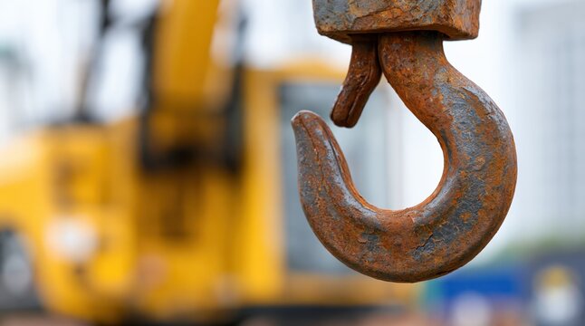 Rusty crane hook with blurred yellow construction machine background