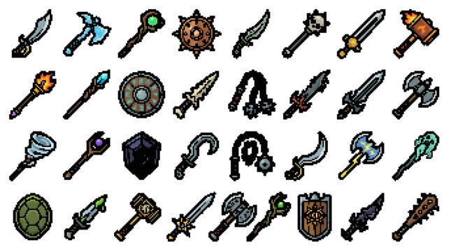 weapon fantasy sword game rpg medieval shield pixel 8-bit retro icon set collection vector illustration graphic design isolated