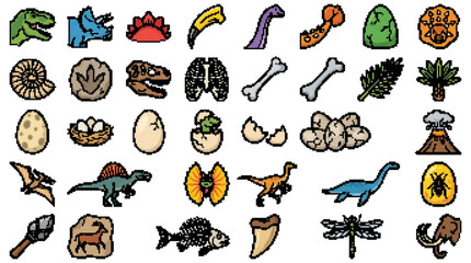 dinosaur prehistoric jurassic animal reptile extinct fossil pixel 8-bit retro icon set collection vector illustration graphic design isolated © MdMatiur