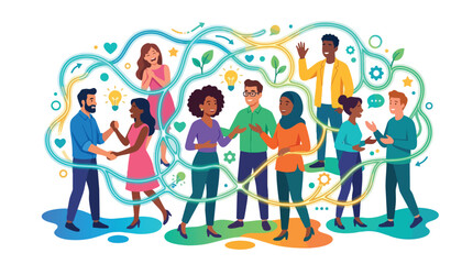 Fototapeta premium Diverse group of people connecting and communicating in a stylized network illustration.