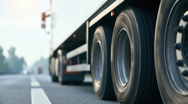 Commercial truck wheels moving on asphalt road