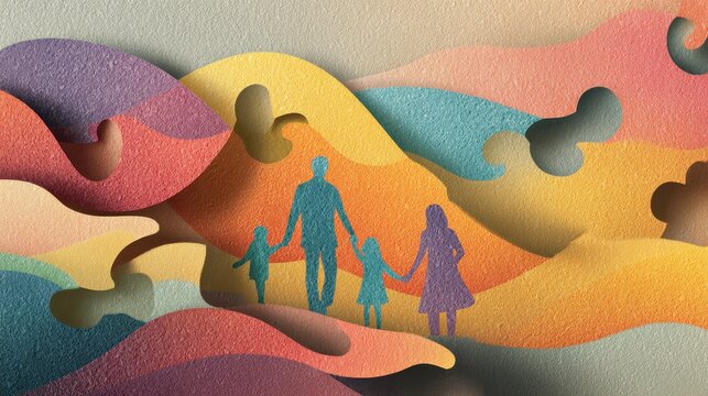 Colorful paper-cut puzzle ribbon symbol for autism awareness and family support