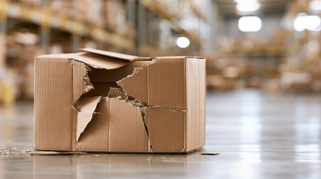 Damaged cardboard box on floor of large warehouse