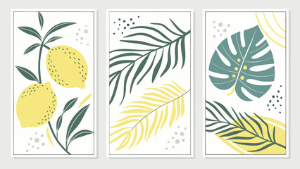 Aesthetic botanical wall decor set with palm leaves and lemons in muted tones © Sadhin07