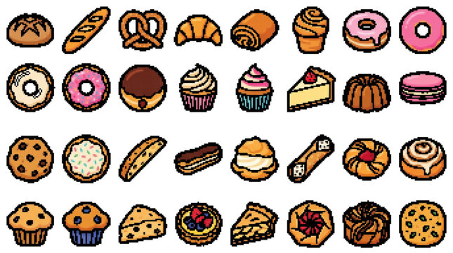 bakery food dessert pastry bread cake sweet pixel 8-bit retro icon set collection vector illustration graphic design menu