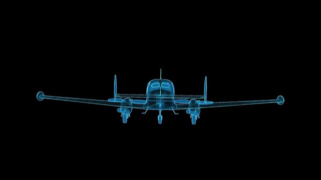 Detailed 3D HUD wireframe attack aircraft with 360-degree rotation, futuristic holographic blueprint for aviation and military visualization.