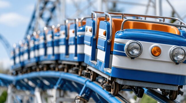 Roller coaster train on blue track in amusement park