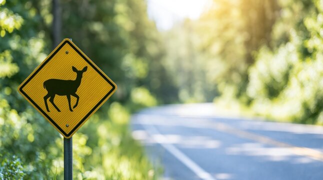 Yellow deer crossing sign on rural forest road side with copy space
