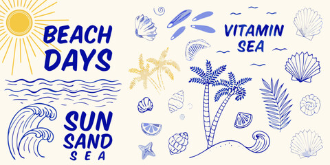 Tropical Beach Illustration With Seashells Palm Trees And Waves In Blue Line Art Style © SreeDulal