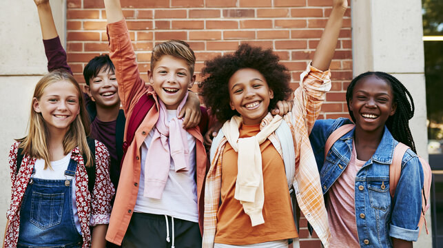 Group of Cheerful Diverse Students Raising Hands and Smiling near Brick Wall