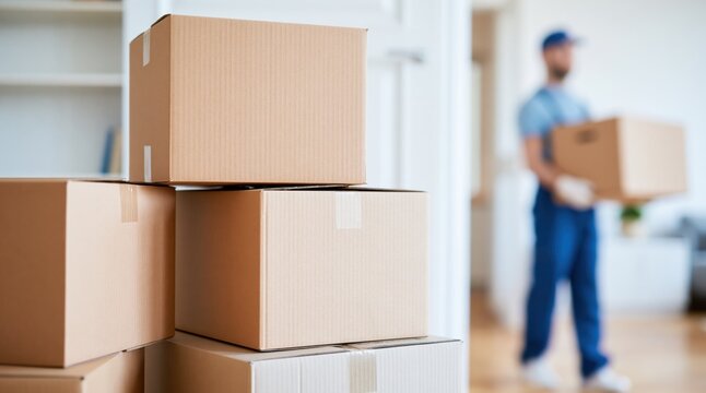 Stacked cardboard boxes in room with blurred mover in background