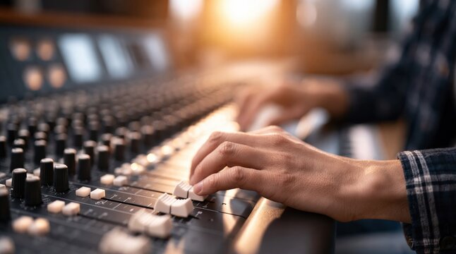 Hand of sound engineer adjusting faders on professional mixing console