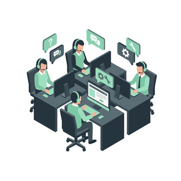 Customer service call center with support agents working at desks with headsets.