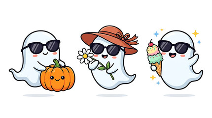 Naklejka premium Cute ghost cartoon characters wearing sunglasses, funny halloween spirits with pumpkin and ice cream, summer vacation ghost collection