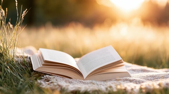 Open book on blanket in field during golden hour sunset