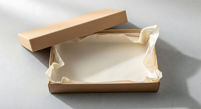 Empty cardboard box mockup with tissue paper, blank spaces for text mockup, blank spaces for text