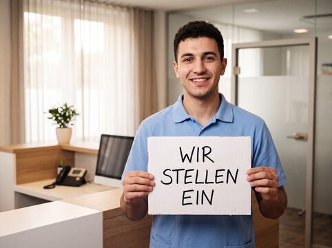 Junger l&auml;chelnder Mann h&auml;lt Schild mit Aufschrift Wir stellen ein am Empfang einer modernen Praxis