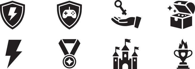 Powerful gaming and achievement iconography featuring shields with lightning bolts and gamepads lucky keys treasure chests championship medals grand castles and winning trophies vector. © Somina