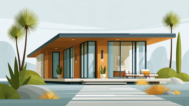 modern flat vector illustration of contemporary wooden tropical house with spacious terrace and landscaped garden, clean architectural vector style