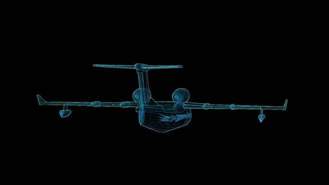 Detailed 3D HUD wireframe attack aircraft with 360-degree rotation, futuristic holographic blueprint for aviation and military visualization.