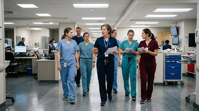 Emergency department nurse manager walking the floor during a shift-change huddle with several staff members