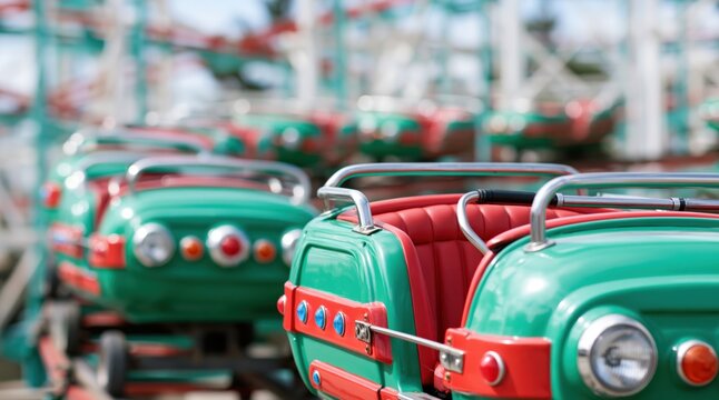 Teal and red roller coaster cars on track at amusement park