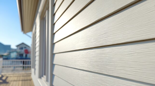 Close-up of exterior wall siding in white or tan tones with clean lines