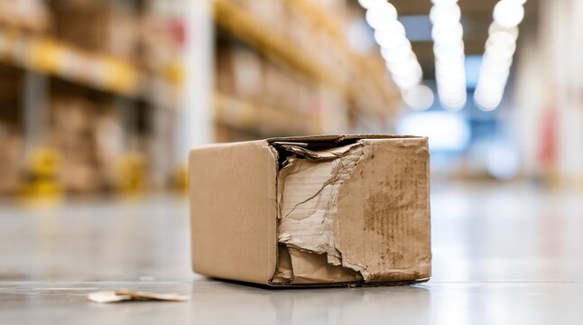 Damaged cardboard box on warehouse floor
