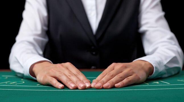 Croupier hands resting on green gambling table felt
