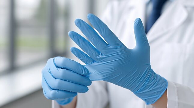 Doctor putting on blue protective nitrile gloves