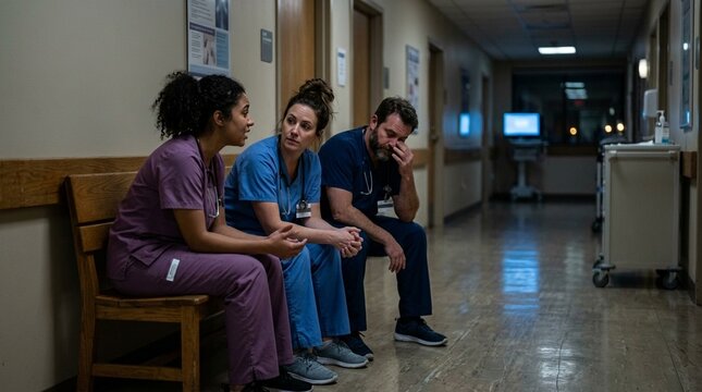 End-of-shift debrief huddle with nurses reflecting on a difficult case near a quiet corridor bench